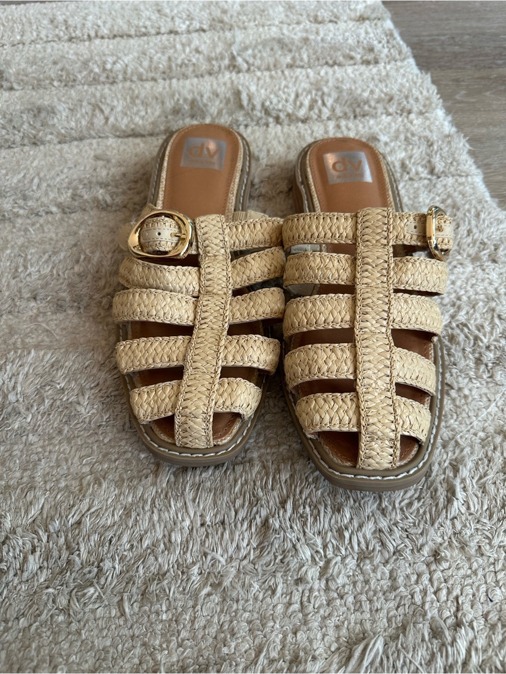 DV by Dolce Vita Natural Straw Woven Slide Sandals with Gold Buckle